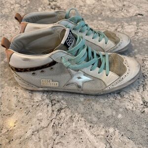 Golden Goose Mid Star Sneakers with Teal Laces and Leopard Accent